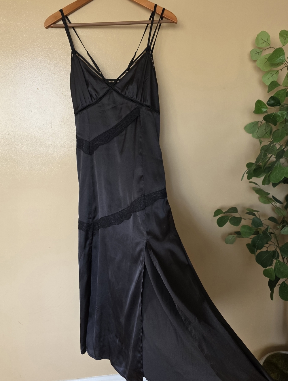 ASOS Black Satin Maxi Slip Dress 6 Lace Trim Strappy Bias Cut Dark Feminine 90s
